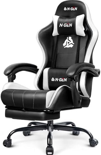 N-GEN GAMING Gaming Chair, Footrest, Lumbar, High-Back, White Black by N-GENGAMING