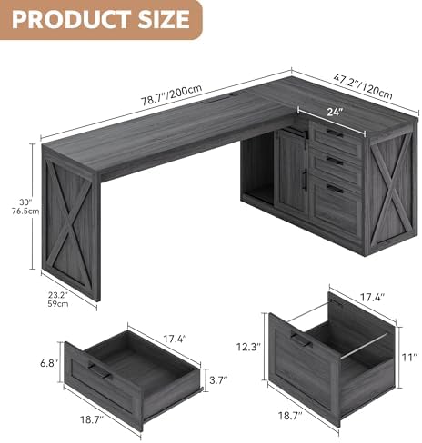 78.7" L-Shaped Office Desk with Drawers and File Cabinet Dark Grey - Image 2