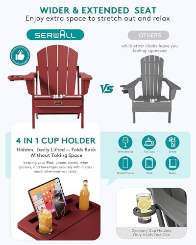 SERWALL Folding Adirondack Chair with Cup Holder, Outdoor Patio Chair, Red, Set of 2 - Image 5