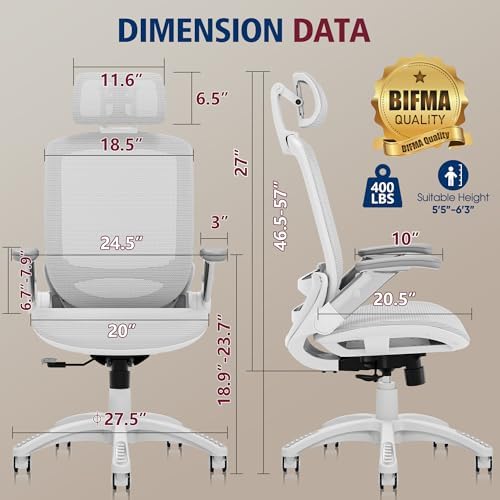 GABRYLLY Ergonomic Office Chair, High Back Home Desk Chair with 2D Flip-Up Arms, 3D Headrest, 90-120° Tilt and Wide Cushion, Big and Tall Mesh Chairs for Man Woman, Computer Task Chair Light Grey - Image 3