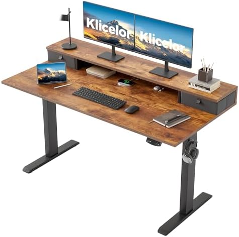 Klicelor 55 x24 Inch Electric Standing Desk with Drawers, Adjustable Height Small Sit Stand Desk for Home Office, Compact Computer Workstation with Storage– Rustic Brown by Klicelor