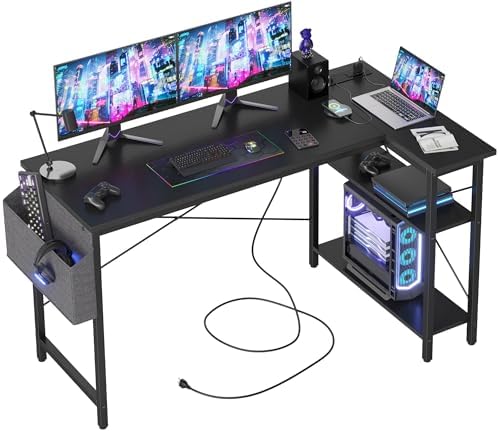 TIQLAB L Shaped Computer Desk with Power Outlets, 55 Inch Small Corner Desk with Reversible Shelves, Gaming Desk Computer Table Study Writing Table for Home Office Bedroom Small Space, Black by TIQLAB