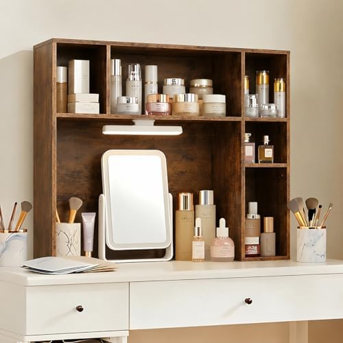 3 Tier Desktop Bookshelf with Rechargeable Eye-Friendly LED Desk Light, Desk Hutch Organizer with 5 Shelves, Wooden Desk Bookshelf for Office, Dorm and Small Space, Brown - Image 4