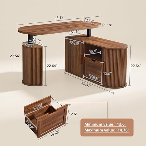 55" L Shaped Oval Electric Wood Standing Desk with Storage - Image 2