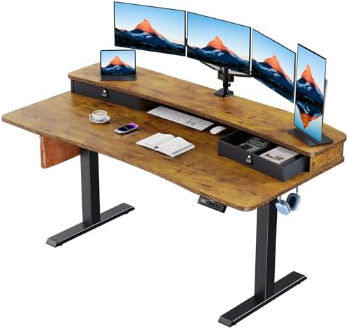 HUANUO 60″ x 30″ Electric Standing Desk with 2 Drawers, C-Clamp Mount Compatible, Height Adjustable Computer Desk, Home Office Stand Up Desk with 4 Preset Heights & 2 Hooks, Vintage Brown by HUANUO