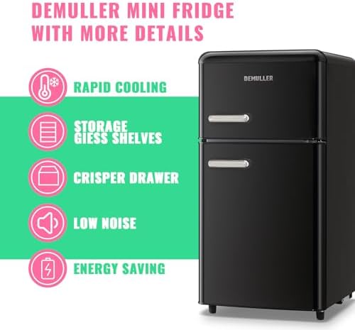 DEMULLER 100L Black Mini Fridge 2 Door Compact Refrigerator with Freezer, Small Refrigerator with 7 Adjustable Temperature Control, 2 Removable Glass Shelves and 1 Crisper Drawer - Image 2