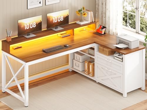 SEDETA Farmhouse L Shaped Desk, 55" Home Office Desk with Drawers and Storage Shelves, L Shaped Gaming Desk with LED Lights, Power Outlet and Monitor Shelf, Brown by SEDETA