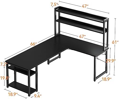 ODK L Shaped Gaming Desk with Hutch, Computer Desk with Storage Shelves, 66" L Shaped Desk for Home Office, Corner Desk with Headphone Hook, Black - Image 3