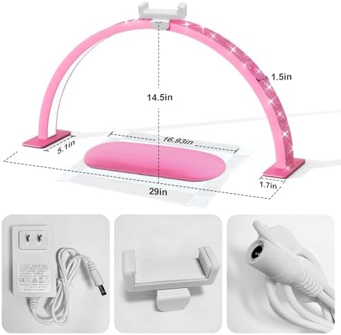 Half Moon Light for Nail Desk - 29-inch LED Nail Tech Lamp with Hands Pillow, Phone Holder，Dimmable Arch Design,48W Portable Manicure Light for Salon and Home Use（Pink-Pink Diamond） - Image 4