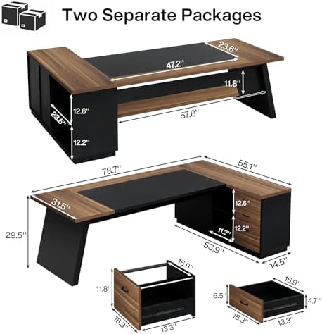 Tribesigns 78" L-Shaped Executive Desk, Large Office Desk with Drawers and File Cabinet, Modern Business Furniture for Home Office (Light Walnut + Black) - Image 2