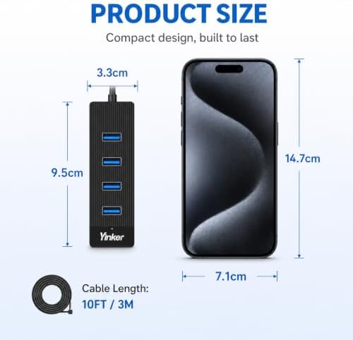 10FT 4‑Port USB 3.0 Hub Long Cable, 5Gbps High Speed USB Extender with USB‑C Power in Port (5V/2A), USB Extension Cable Multiport Adapter for PC, Laptop, Desktop, Keyboard, Mouse, Flash Drive - Image 6