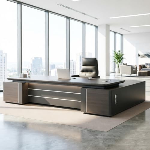 Executive Office Desk with Storage Cabinet,Modern l Shaped Executive Desk,50MM Thick Desktop for CEO Office, Reception & Commercial Workspace by Unknown