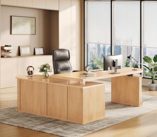 SEDETA 57" L Shaped Standing Desk with Storage, Electric Height Adjustable Curved Executive Desk, Fluted Desk with Drawers & Power Strip for Home Office, Light Oak - Image 3