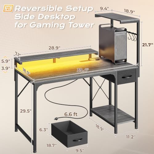 PRAISUN 39.4 Inch Gaming Desk with LED Lights & Power Outlets - Image 3