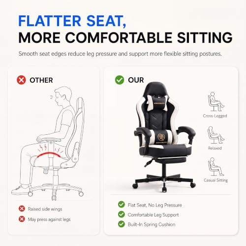 Desk Computer Gaming Chair - High Back Ergonomic Office Chair with Footrest and Lumbar Support, Swivel Comfy Home Gamer Video Game Chairs with Pocket Spring Cushion for Adults (White Leather) - Image 4
