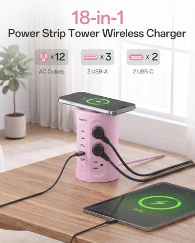 Power Strip with USB Ports,Extension Cord with Multiple Outlets (12AC+3A+2C), 6.5 FT Desk Pink Power Strip Tower Charging Station for Home, Office, College Dorm Essentials - Image 2