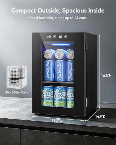 24 Can Beverage Refrigerator, Countertop Mini Fridge with Glass Door, Black - Image 2