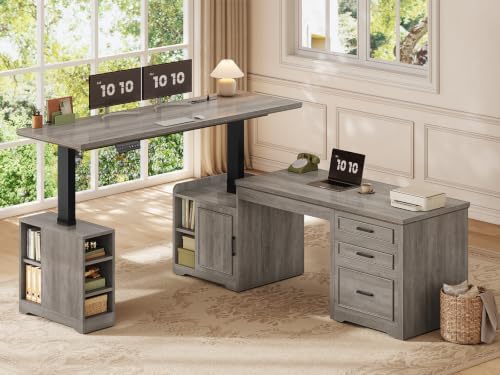 SEDETA Farmhouse L Shaped Standing Desk with Storage for Home Office (Grey) by SEDETA