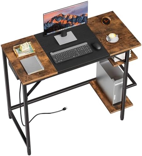 HOOBRO Small Computer Desk, 35.4 Inch Home Office Desk with Power Outlet, Writing Desk with 2 Shelves, Modern Small Desk for Home Office, Study, Easy to Assemble, Rustic Brown and Black BF43UDN01 by HOOBRO