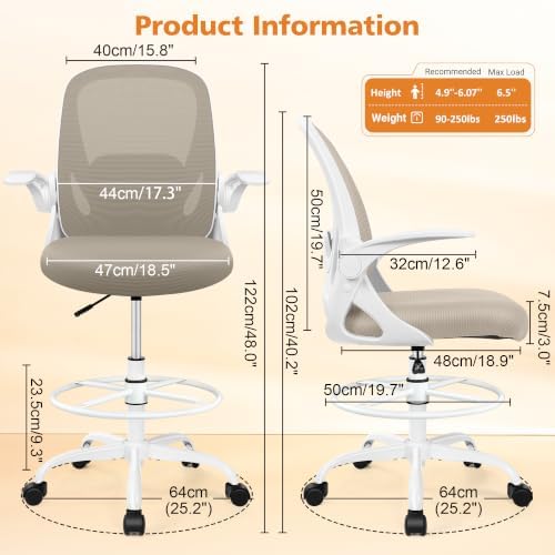 Drafting Chair Tall Office Chair with Flip-up Armrests, Adjustable Height, and Enhanced Lumbar Support - Ergonomic Rolling Stool, Back Support, and Adjustable Foot Rest Ring for Standing Desk Khaki - Image 3