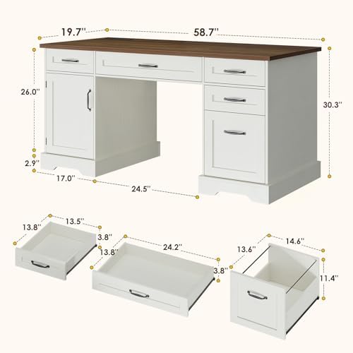 OffiGo Farmhouse 59 Inch Executive Desk with Drawers, Walnut+White - Image 2