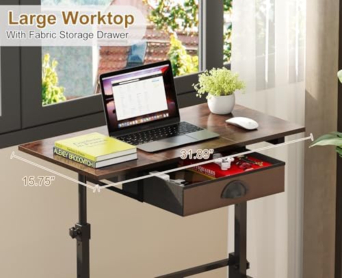 Adjustable Height Standing Desk With Drawer, Rolling Sit Stand Up Desk With Wheels, Small Sit To Stand Computer Desk, Adjustable Desktop Height, On Wheels, Brown, For Walking Pad Laptop Treadmill - Image 4