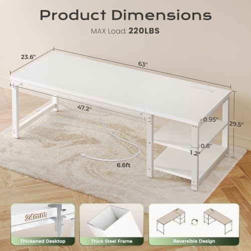Huuger 63'' x 23.6'' Computer Desk with Power Outlets, 0.95'' Thick Desktop - Image 2