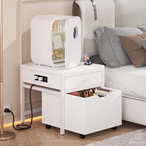 Unikito Mini Fridge Stand with Drawer Storage & Power Outlet, White - Image 2