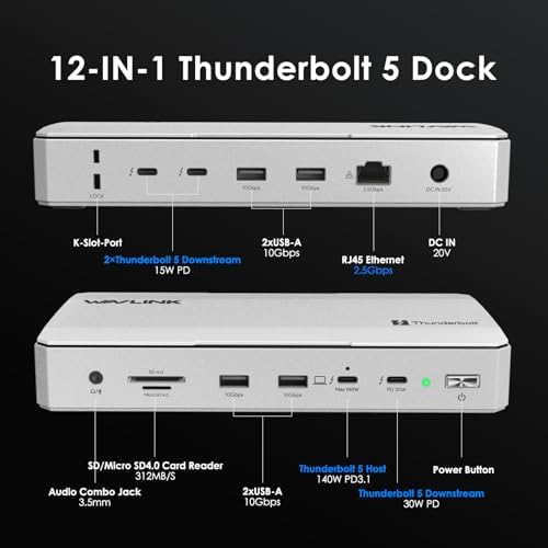 WAVLINK Intel EVO Certified Thunderbolt 5 Dock, 120Gbps, 140W PD, 8K - Image 2