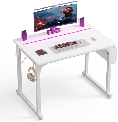 DurayLoly 32" Gaming Desk with Waterproof LED Lights for Bedroom,White by Durayloly