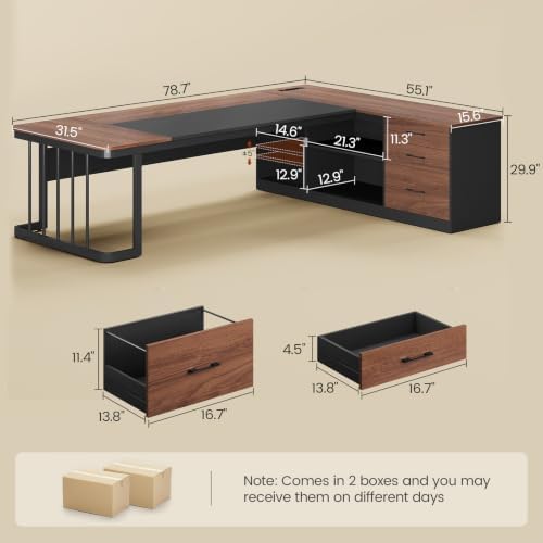 UPOSOJA 78.7" Executive Desk, Large Office Desk with Drawers & Storage Shelves, Modern L Shaped Computer Desk Corner Desk with Power Outlets, File Cabinet, Business Furniture Desk Workstation (Walnut) - Image 2