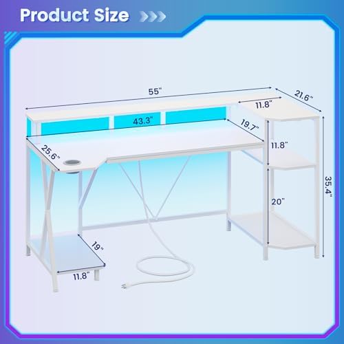 SEDETA White Gaming Desk 55'' with LED Lights and Storage Shelves - Image 3
