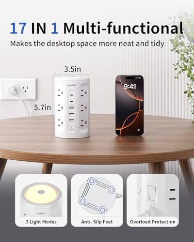 Power Strip with Night Light, Extension Cord with Multiple Outlets (12AC+3A+2C), 10 FT Desk Power Strip Tower Charging Station for Home, Office, College Dorm Essentials - Image 6