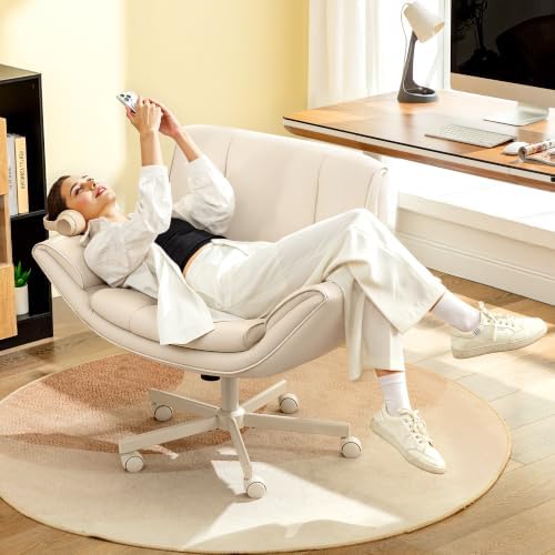 HeroSet Criss Cross Chair with Wheels & Armrests,Comfy Wide Vanity Chair,Scratch-Resistant Pu Leather Cross Legged Desk Chair,Height Adjustable Computer Office Desk Chairs for Home,Makeup,Bedroom - Image 5