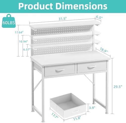 MUTUN Small Desk with Drawers, 31 Inch Computer Desk with Power Outlet & LED Light, Gaming Desk with Adjustable Monitor Stand & Pegboard, Modern PC Study Writing Table for Bedroom, White - Image 3