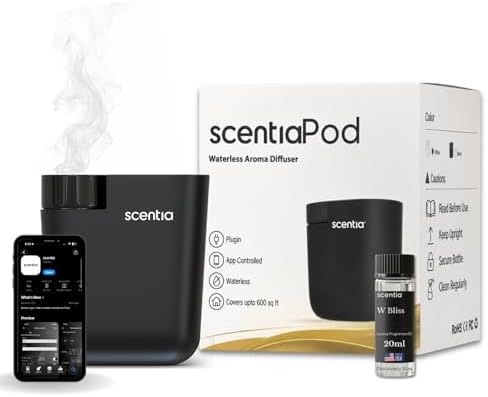 Waterless Plug-in Cold-Air Scent Diffuser, App Control, 600 Sq. Ft, Black by Scentia
