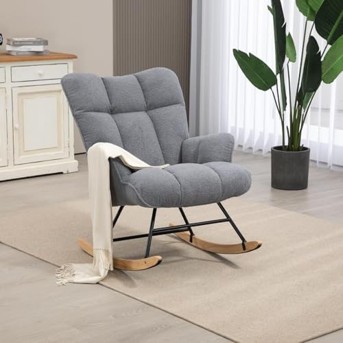 SAETSFEG Rocking Chair Nursery Teddy Upholstered Glider Rocker Rocking Accent Chair Padded Seat with High Backrest Armchair Comfy Side Chair for Living Room Bedroom Offices (Darkgrey Teddy) by SAETSFEG