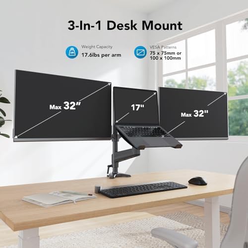 HUANUO Dual Monitor and Laptop Mount for Max 32” Monitor and 17” Laptop, Adjustable Arm with Tilt, Swivel and Rotation, Dual Monitor and Notebook Stand with VESA Bracket 75/100 mm - Image 2