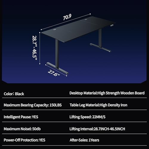 Shintenchi Standing Desk, 71x31 Inch Height Adjustable Electric Sit Stand up Desk, Ergonomic Rising Computer Table, Modern Lift Gaming Desk Workstation for Home Office, Black - Image 2