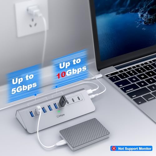 Powered USB Hub 10Gbps, intpw YH6AC 9-Port USB 3.2 Hub (USB A/USB-C 3.2, 4 USB 3.0, 2 PD 45W Charging Ports), 65W Power Adapter + 3.3FT Cable, Aluminum USB Hub for PC/Laptop, iPhone 17/16/15 - Image 3