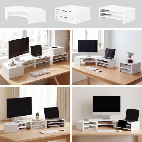Fenge Dual Monitor Stand, Corner Desk Shelf with Drawer & Slide-Out Tray - Image 4