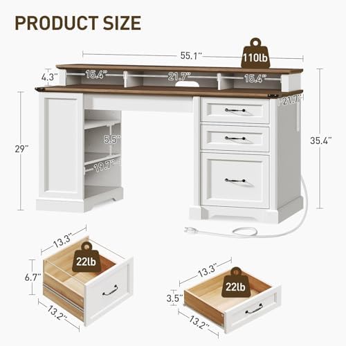 RALGEND 55'' Farmhouse Desk with Drawers, Office Desk with File Cabinet - Image 2