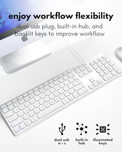 Macally Wired Keyboard for Mac with USB Hub (2X USB-A / 1x USB-C) - Compatible Backlit Apple Keyboard with Dual Interface - Auto OS Detection for Mac, MacBook, iMac, PC, Android, iPad, iOS - Silver - Image 2