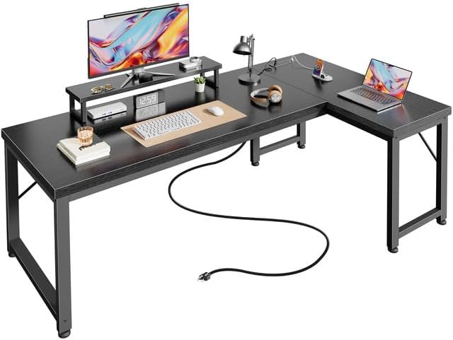 PRAISUN 61" L Shaped Computer Desk, Power Outlets, Monitor Stand, Black by PRAISUN