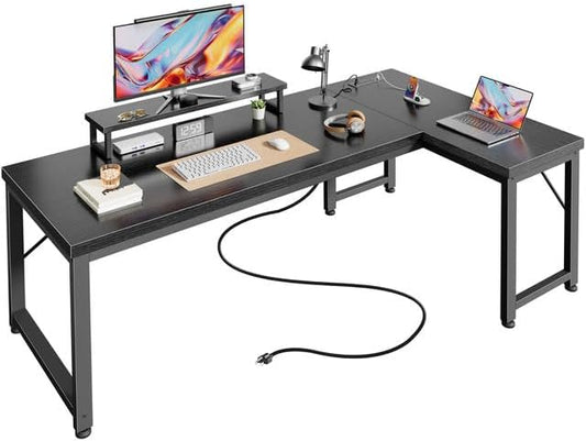 PRAISUN 61" L Shaped Computer Desk, Power Outlets, Monitor Stand, Black by PRAISUN