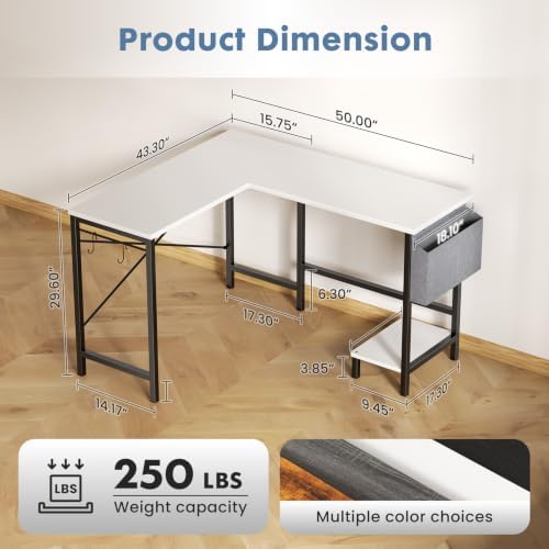 DUMOS L Shaped Computer Corner Desk with PC Stand, White - Image 2