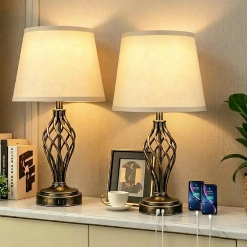 Ruiever Touch Table Lamps Set of 2, nightstand lamp with USB Ports Bedside 3 Way Touch dimmer Desk lamp for Living Room Bedroom,Gold and Black Brushed Spiral Cage Warm White Dimmer LED Bulb Included. by Ruiever
