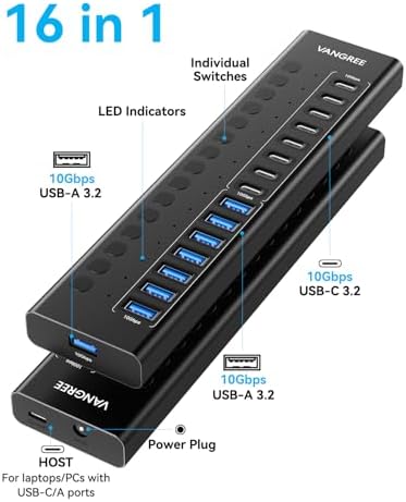 VANGREE Powered USB Hub,16 Ports 10Gbps USB C Hub, 8*USB-A 3.2+8*USB-C 3.2 - Image 2