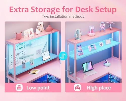 ODK 53" L Shaped Gaming Desk with Shelves, LED & Outlets, Pink - Image 4
