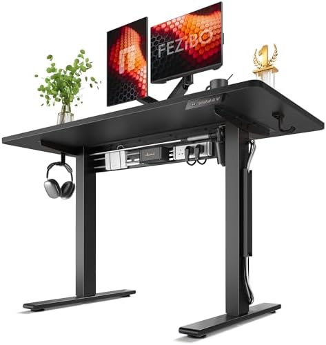 FEZIBO Electric Standing Desk with L-Shaped Crossbar & Cable Management System, 48 x 24 Inches Sit Stand up Desk, Adjustable Height Standing Desk for Home Office, Black by FEZIBO
